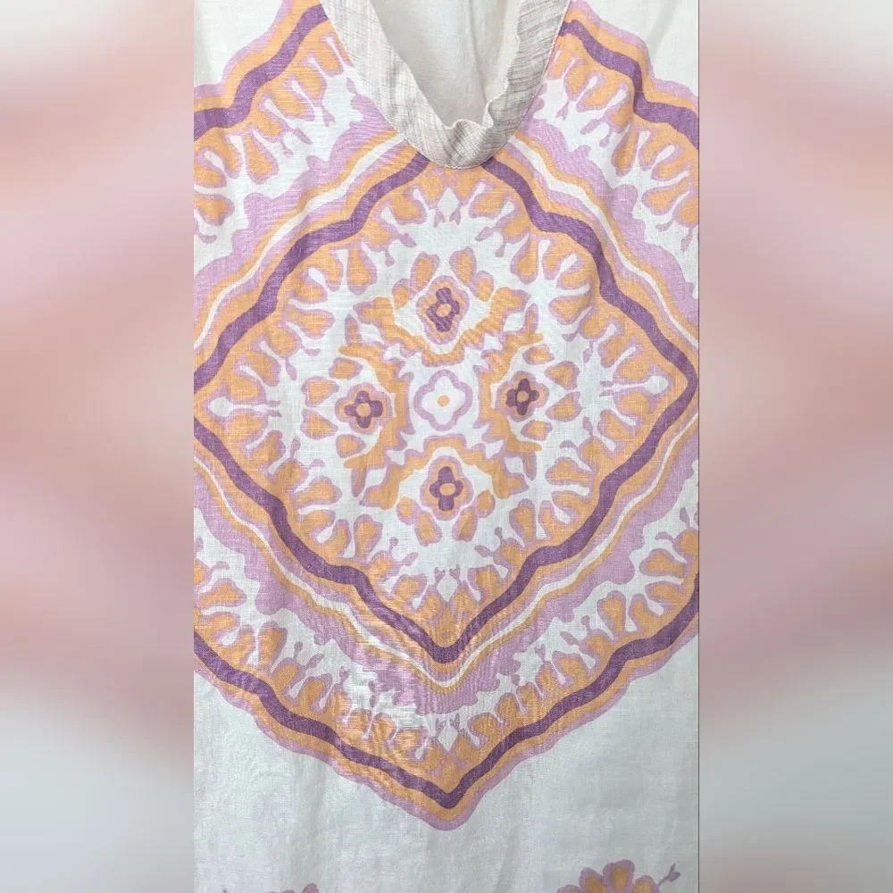 J. Crew Bazaar Linen Dress Sz 0 Sleeves Boho Shift Purple Cream Midi Dress Tunic